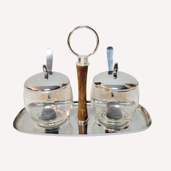 MCM Shelton Ware USA Chrome Condiment Caddy Glass Wood Set - Picture 1 of 6